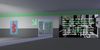 virtual gallery with an posters and a large neon green arrow points to a door.